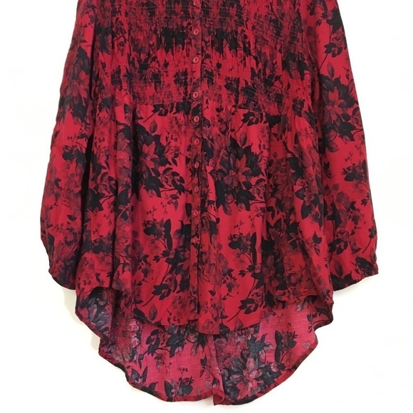 Torrid Babydoll Twill Smocked Button Front V-neck long sleeve Red Floral Tunic - Picture 8 of 16